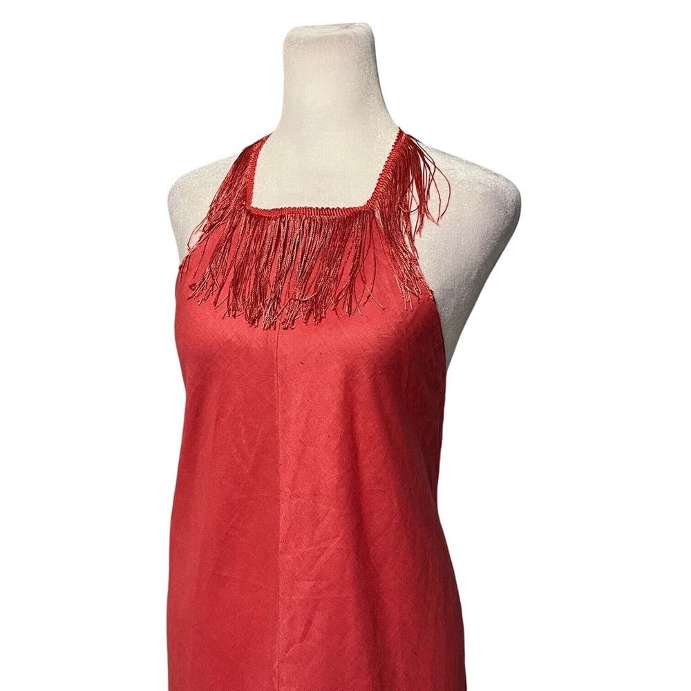 Zara Limited Edition Coral FringeLinen Halter Maxi Dress Size XS - Picture 6 of 11